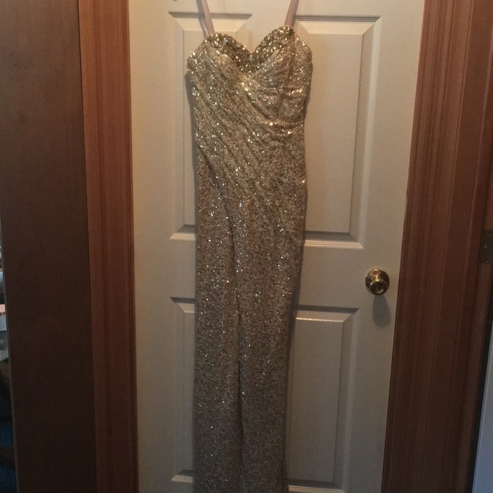 Dave & Johnie /Formal prom long gold beaded dress